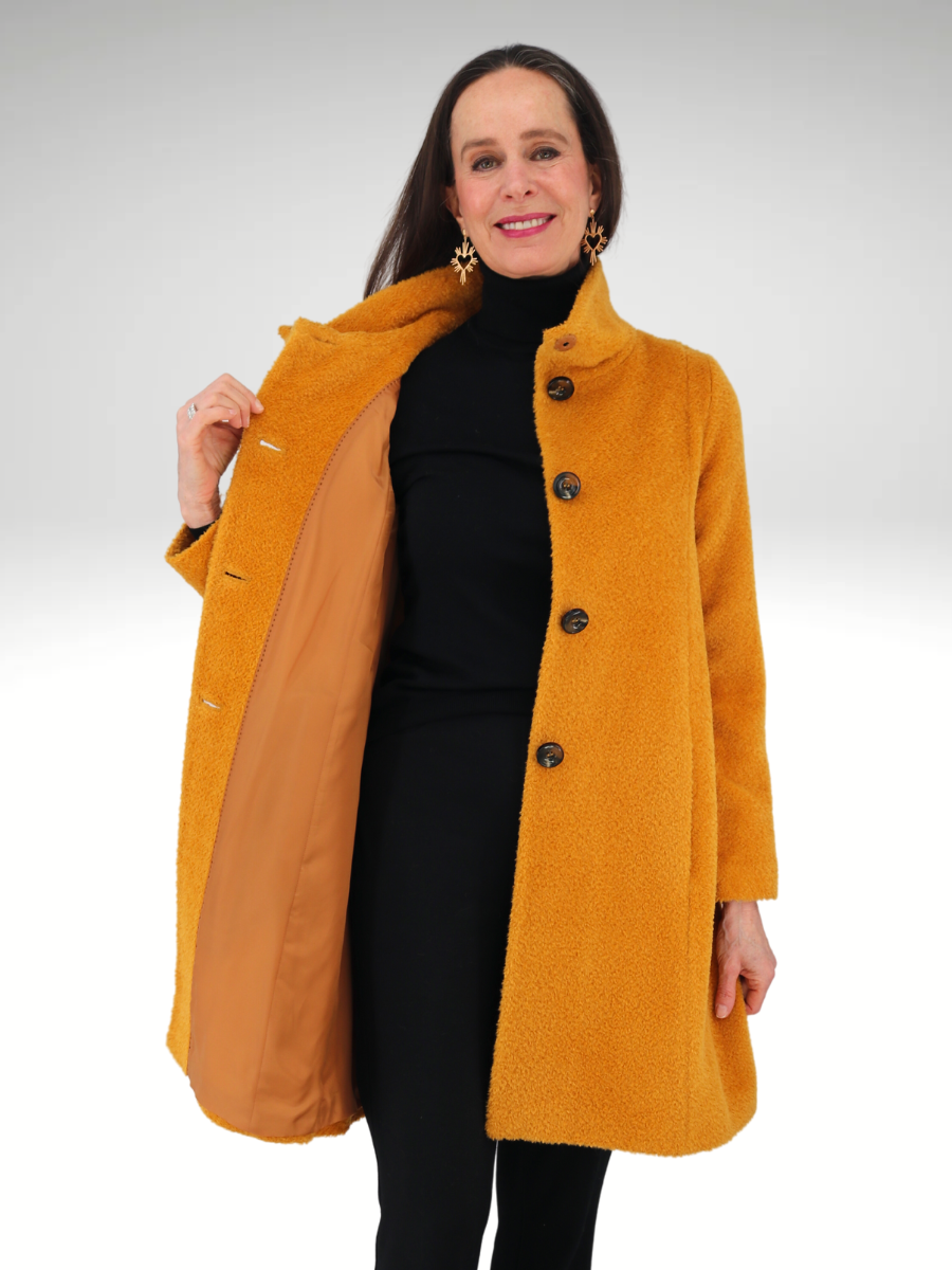 Baby SURI Alpaca high collar coat in saffron  QINTI The Peruvian Shop