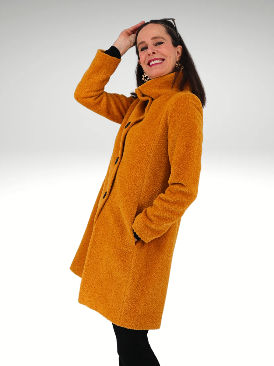 Baby SURI Alpaca high collar coat in saffron  QINTI The Peruvian Shop