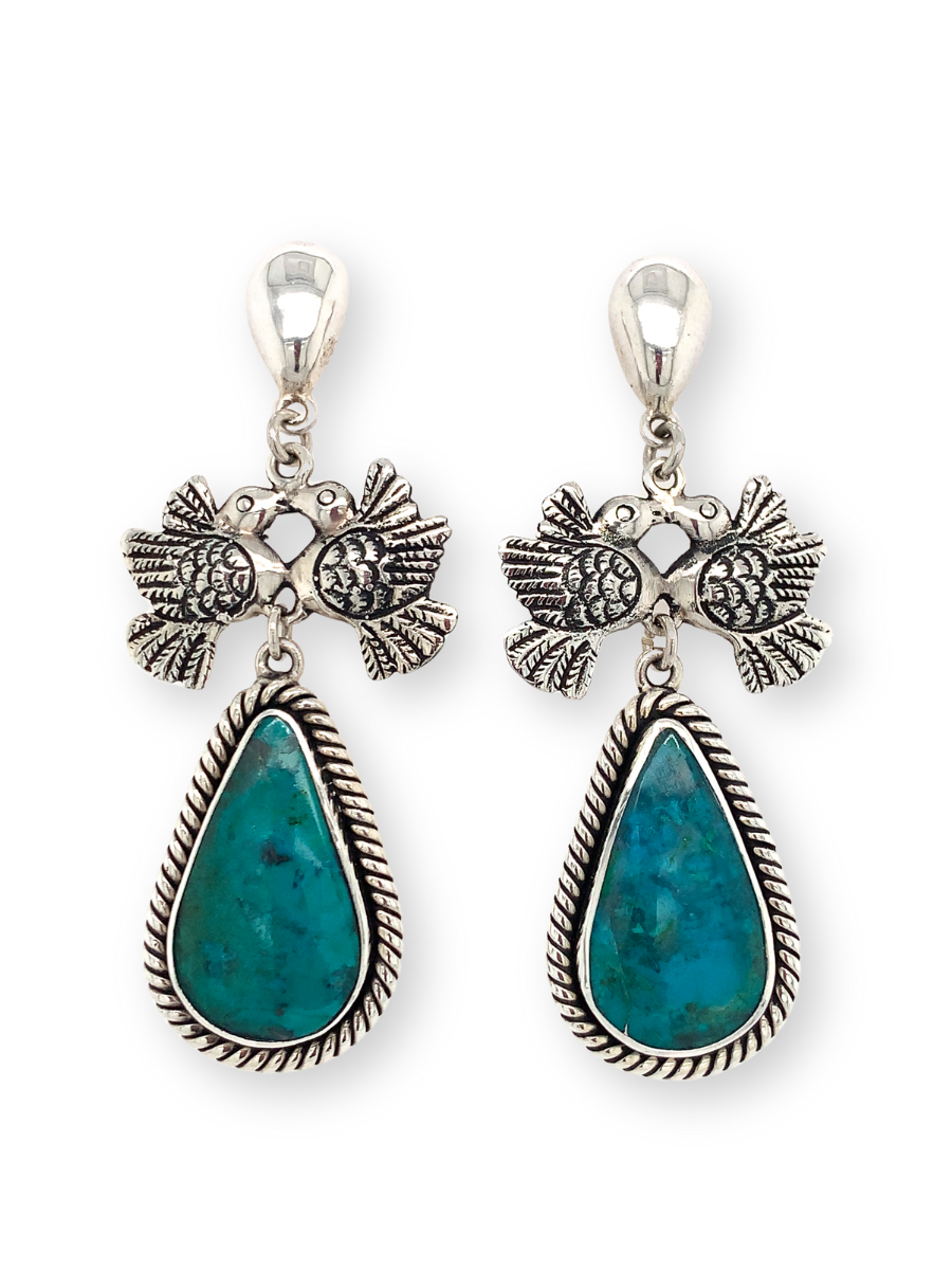 Sterling Silver & Chrysocolla Turquoise Love Doves Earrings - QINTIPeru.com