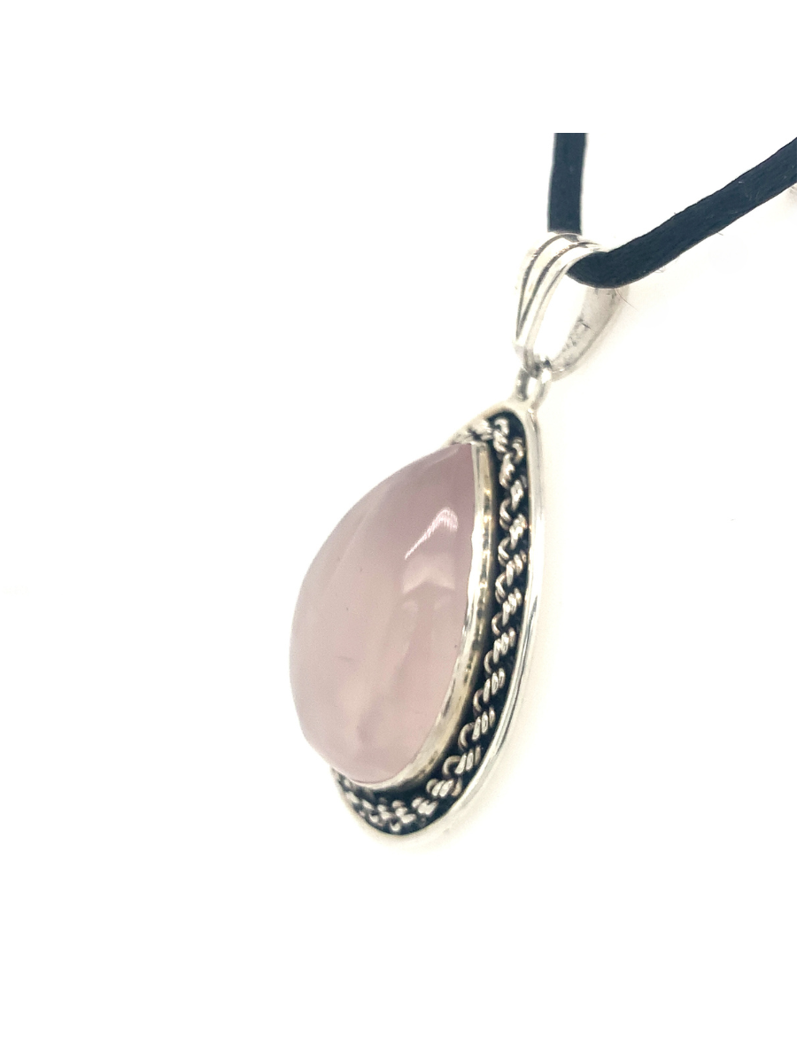 Sterling Silver & Rose Quartz Teardrop Pendant with Rope - QINTI The Peruvian Shop