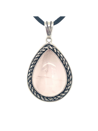 Sterling Silver & Rose Quartz Teardrop Pendant with Rope - QINTI The Peruvian Shop