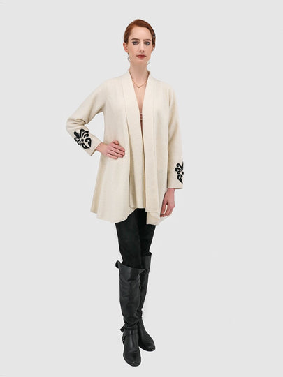 Rococo Open Coat with Shawl Collar & Applique - 60% Baby Alpaca 40% Wool - Qinti - The Peruvian Shop