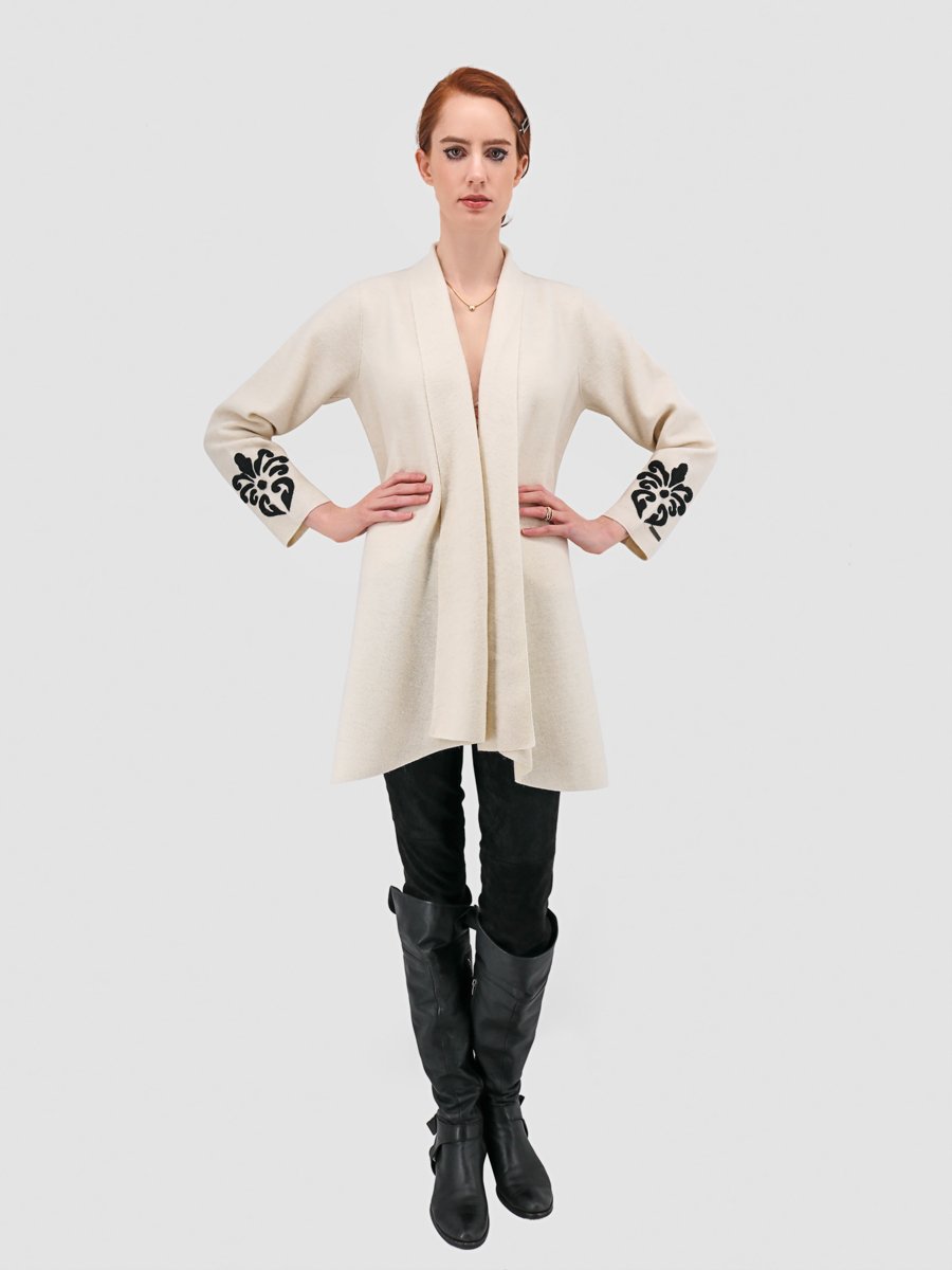 Rococo Open Coat with Shawl Collar & Applique - 60% Baby Alpaca 40% Wool - Qinti - The Peruvian Shop