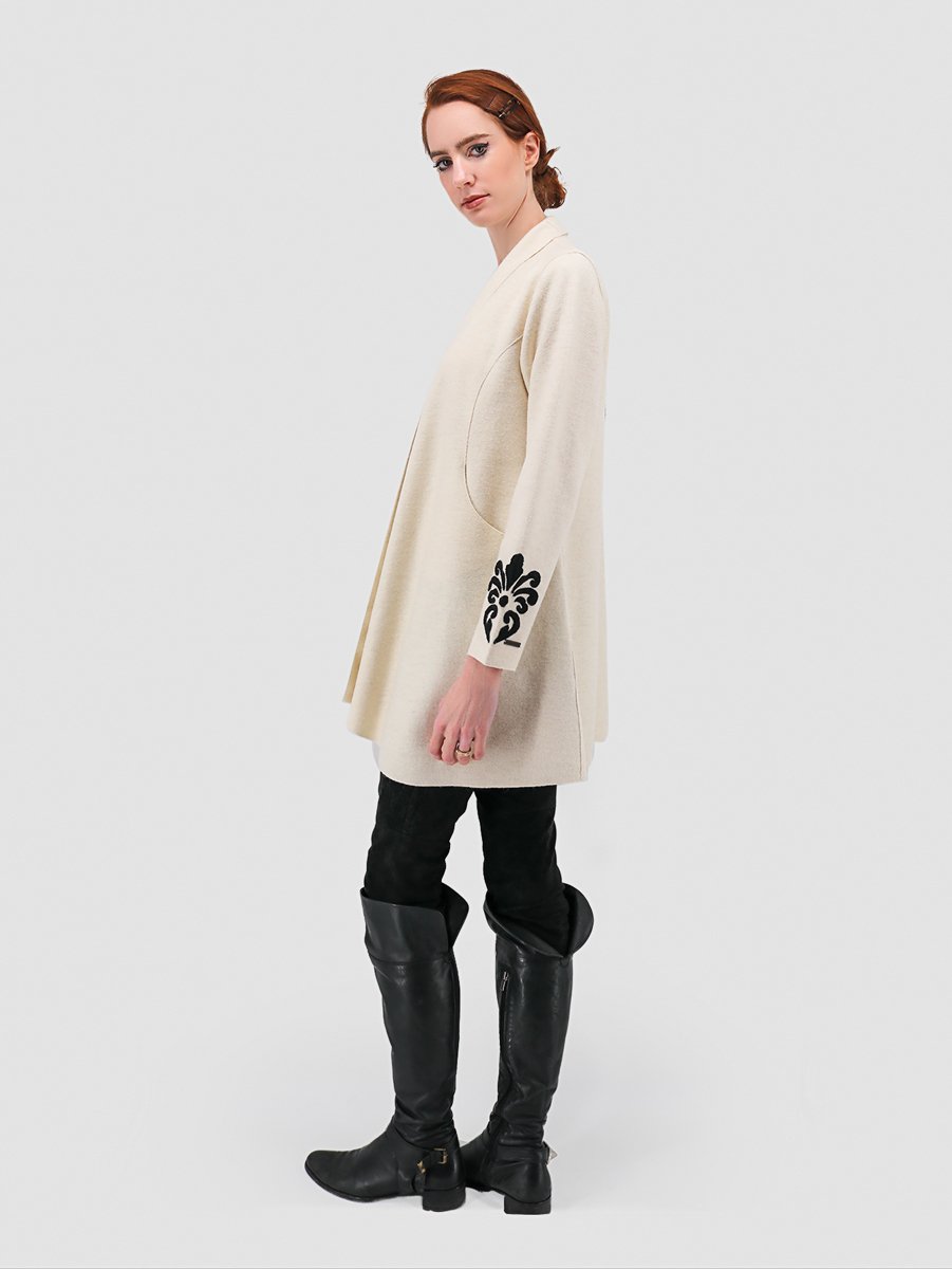 Rococo Open Coat with Shawl Collar & Applique - 60% Baby Alpaca 40% Wool - Qinti - The Peruvian Shop