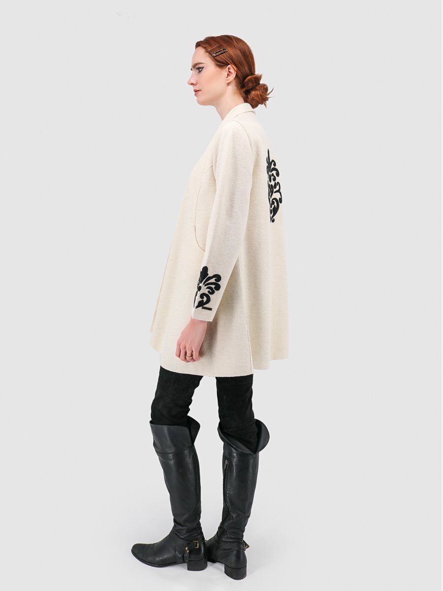 Rococo Open Coat with Shawl Collar & Applique - 60% Baby Alpaca 40% Wool - Qinti - The Peruvian Shop