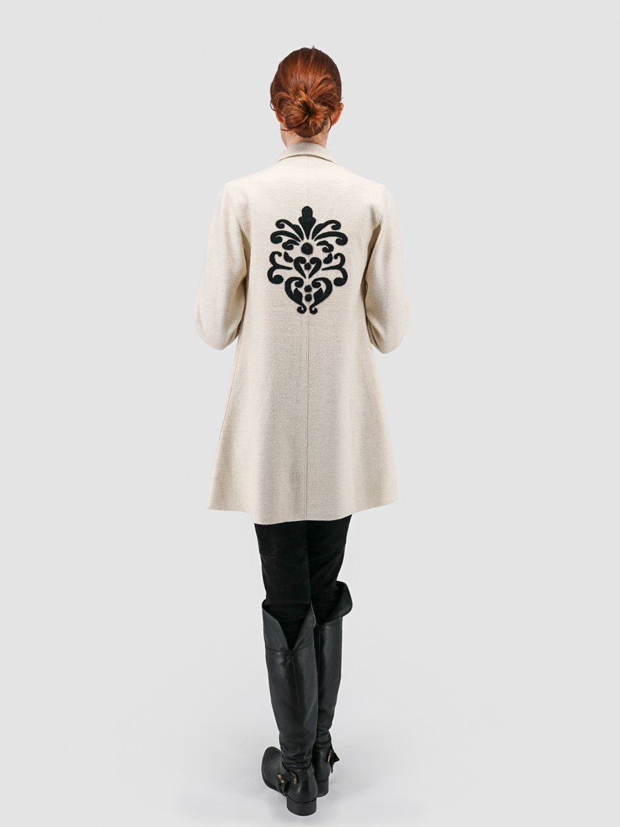 Rococo Open Coat with Shawl Collar & Applique - 60% Baby Alpaca 40% Wool - Qinti - The Peruvian Shop