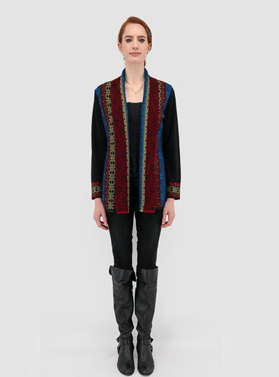 Women's Baby Alpaca Cardigan in Black w Peruvian Pattern - Qinti - The Peruvian Shop