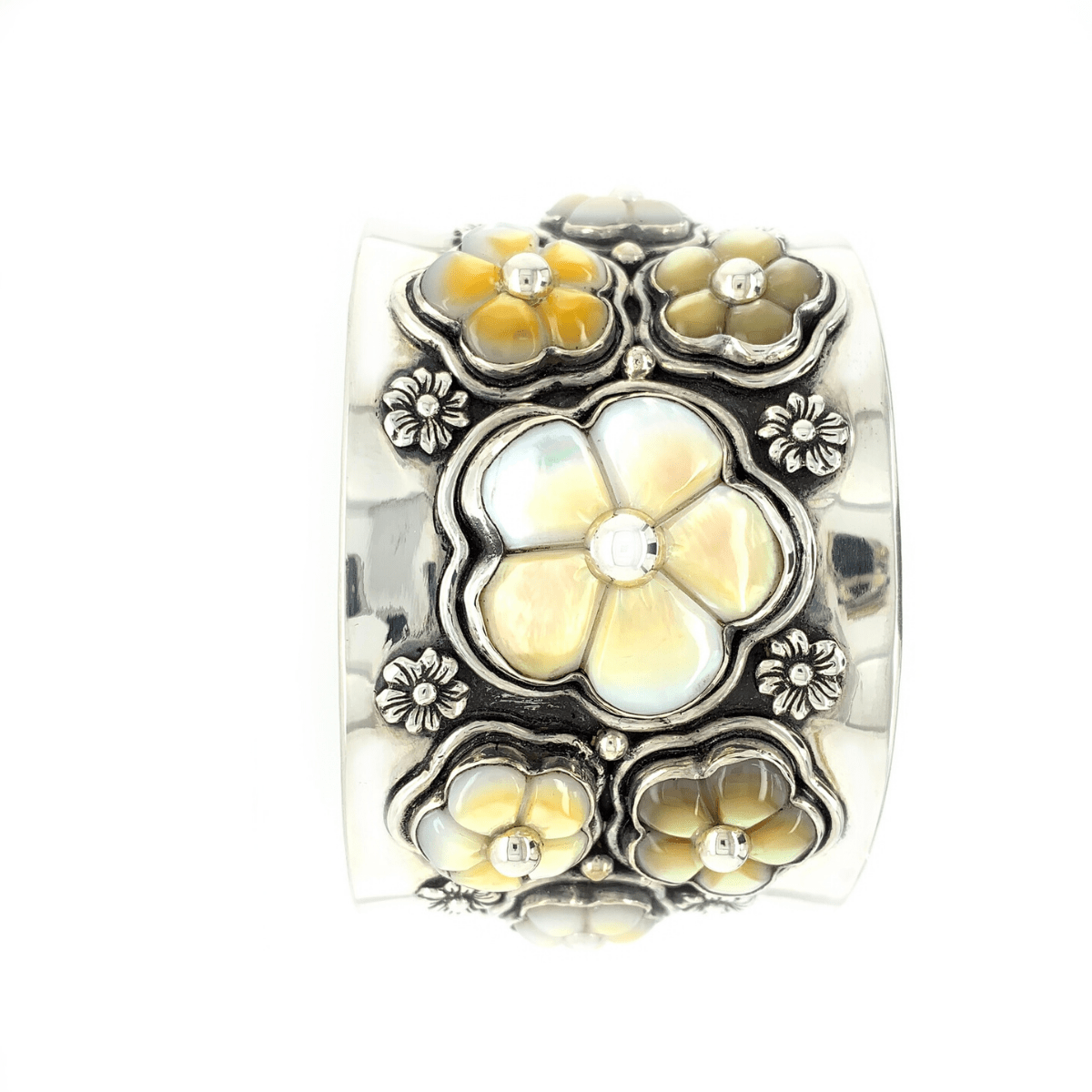 Carved Mother-of-Pearl Flowers &amp; Sterling Silver Cuff - Qinti - The Peruvian Shop