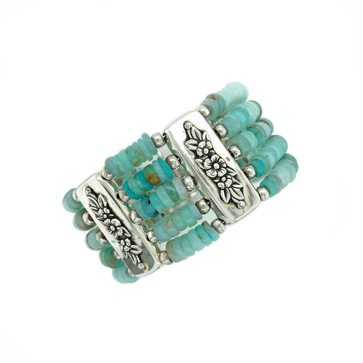 Peruvian Blue Opal stacked beaded Bracelet Cuff in Sterling Silver - Qinti - The Peruvian Shop