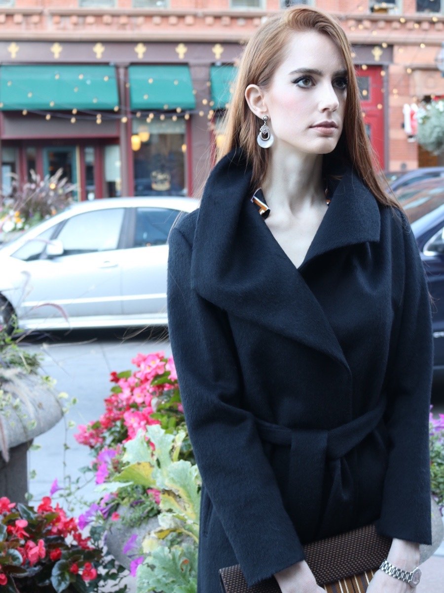 Mid Length Shawl Collar Wrap Black Coat